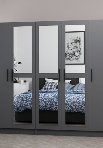 FUNZI LIVING 5090 garderobeskab, spejl, 5 lger, 3 bjlestnger, 2 skuffer - antracitgr melamin