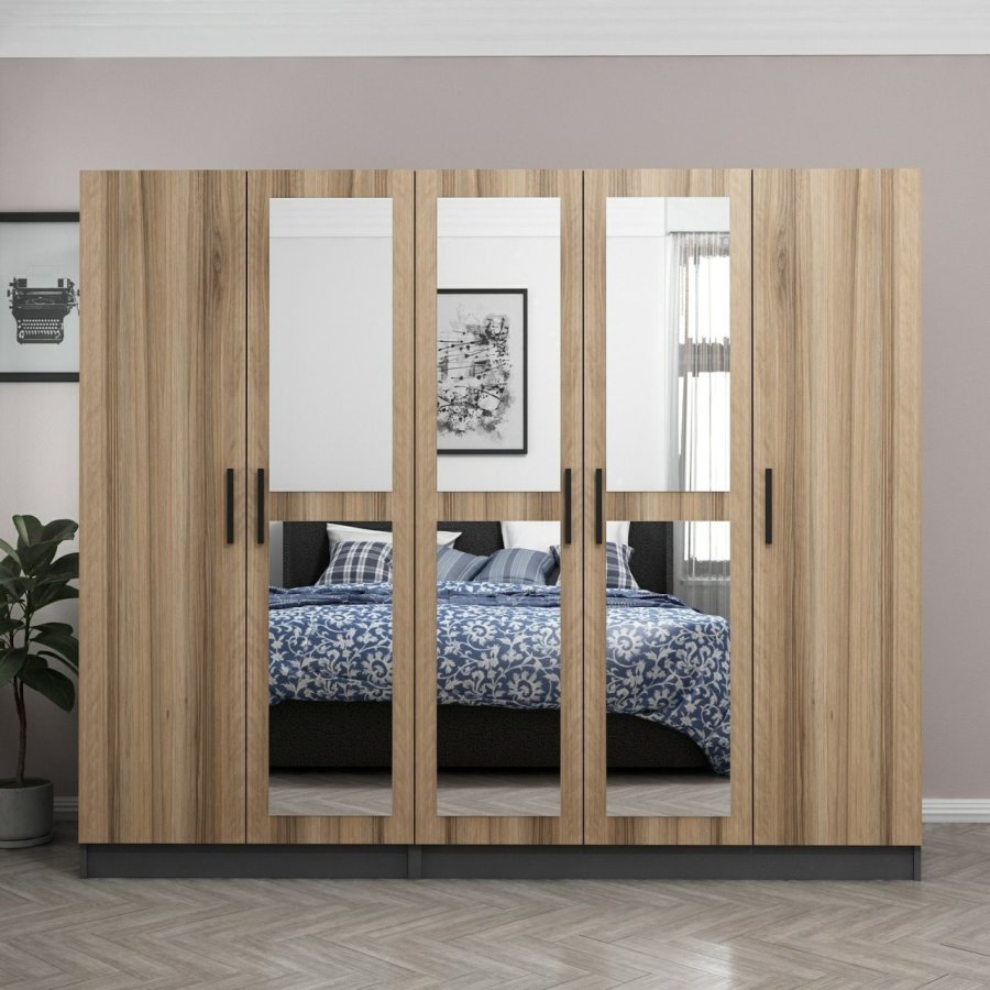 FUNZI LIVING 5013 garderobeskab, spejl, 5 lger, 3 bjlestnger, 2 skuffer - natur/antracit melamin