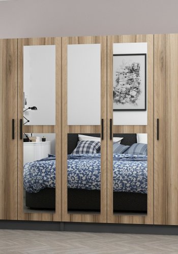 FUNZI LIVING 5013 garderobeskab, spejl, 5 lger, 3 bjlestnger, 2 skuffer - natur/antracit melamin