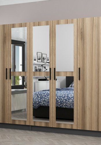 FUNZI LIVING 5117 garderobeskab, spejl, 5 lger, 3 bjlestnger, 2 skuffer - natur/antracit melamin