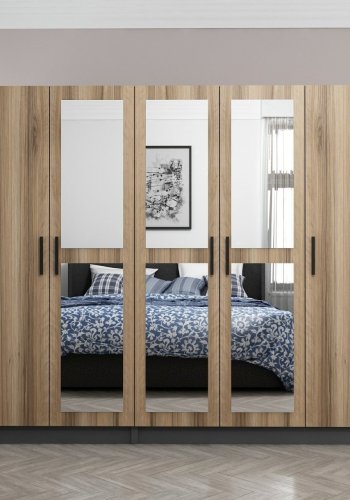 FUNZI LIVING 5117 garderobeskab, spejl, 5 lger, 3 bjlestnger, 2 skuffer - natur/antracit melamin