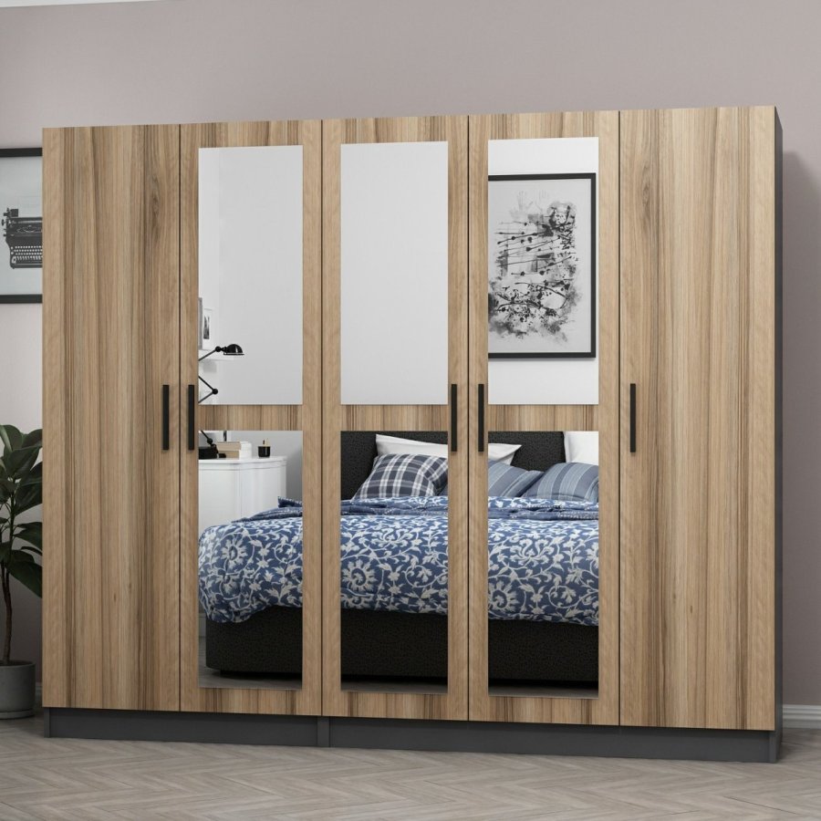 FUNZI LIVING 5117 garderobeskab, spejl, 5 lger, 3 bjlestnger, 2 skuffer - natur/antracit melamin