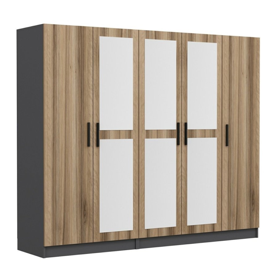 FUNZI LIVING 5117 garderobeskab, spejl, 5 lger, 3 bjlestnger, 2 skuffer - natur/antracit melamin