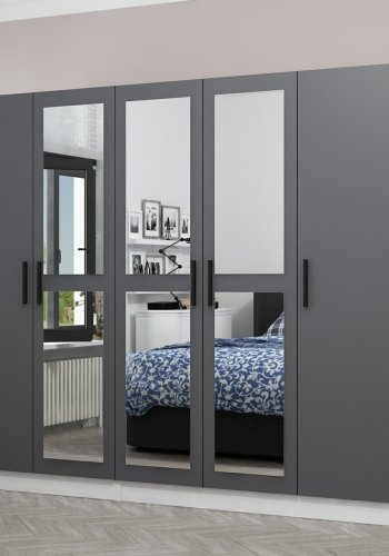 FUNZI LIVING 4959 garderobeskab, spejl, 5 lger, 3 bjlestnger, 2 skuffer - antracit/hvid melamin