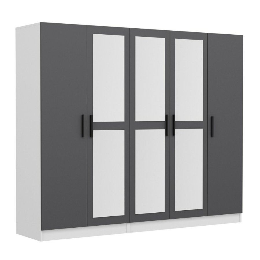 FUNZI LIVING 5063 garderobeskab, spejl, 5 lger, 3 bjlestnger, 2 skuffer - antracit/hvid melamin