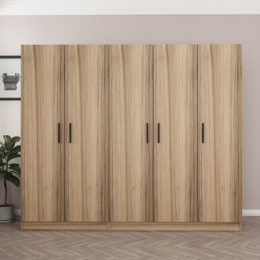 FUNZI LIVING 7629 garderobeskab, 5 lger, 3 bjlestnger, 2 skuffer - natur melamin