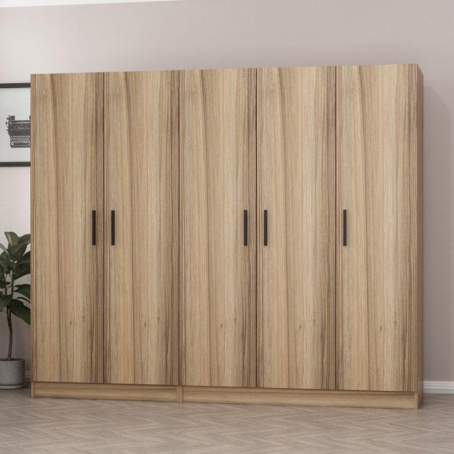 FUNZI LIVING 7629 garderobeskab, 5 lger, 3 bjlestnger, 2 skuffer - natur melamin