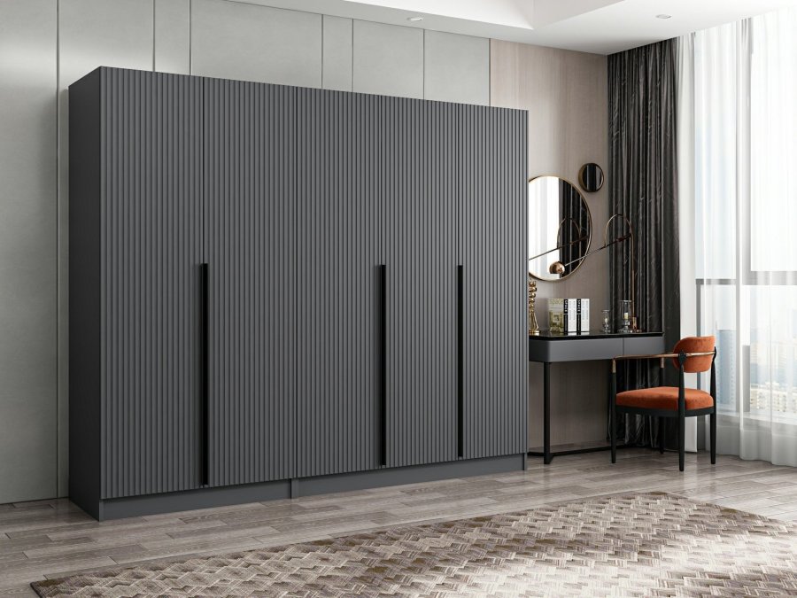 FUNZI LIVING Plus 7775 garderobeskab, 5 lger, 3 bjlestnger, 2 skuffer - antracitgr melamin