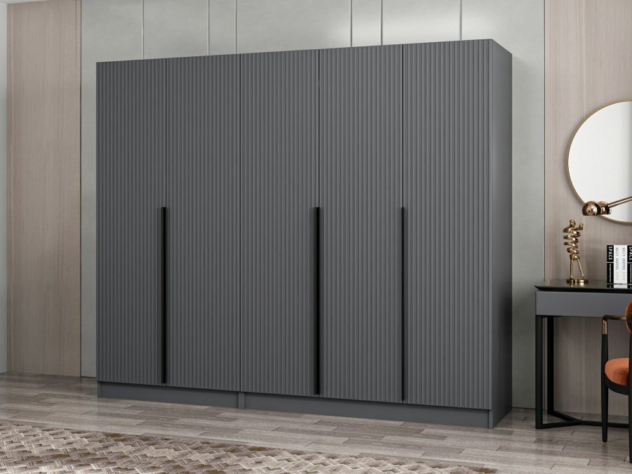 FUNZI LIVING Plus 7775 garderobeskab, 5 lger, 3 bjlestnger, 2 skuffer - antracitgr melamin