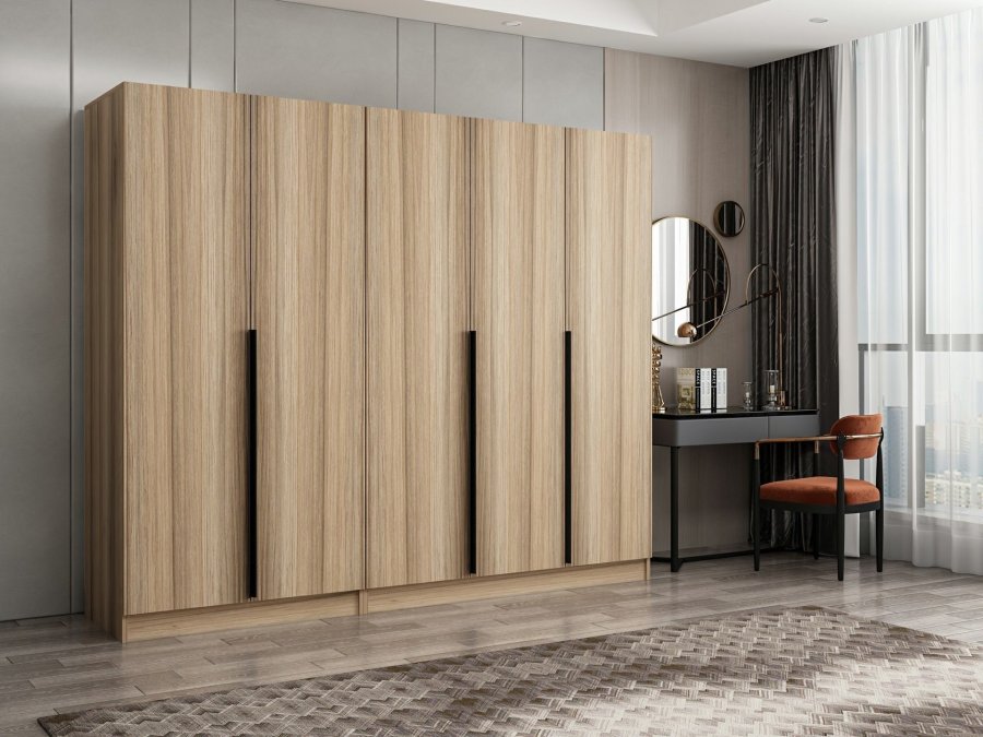 FUNZI LIVING Plus 7795 garderobeskab, 5 lger, 3 bjlestnger, 2 skuffer - egefarvet melamin