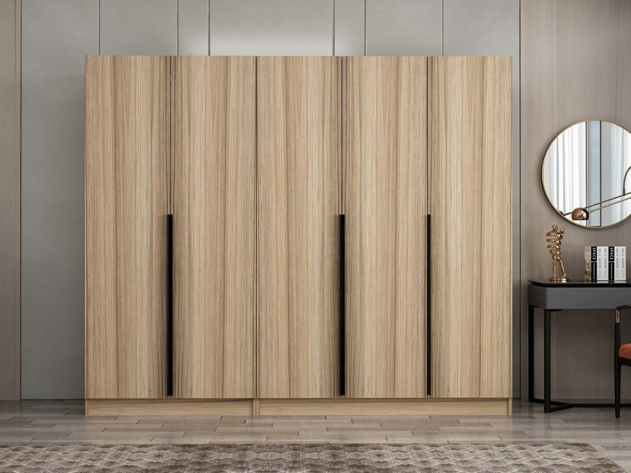 FUNZI LIVING Plus 7795 garderobeskab, 5 lger, 3 bjlestnger, 2 skuffer - egefarvet melamin