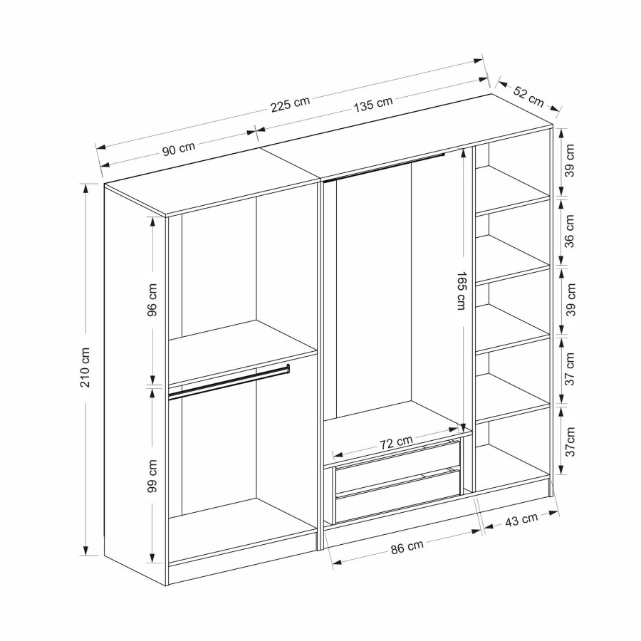 FUNZI LIVING Plus 7795 garderobeskab, 5 lger, 3 bjlestnger, 2 skuffer - egefarvet melamin