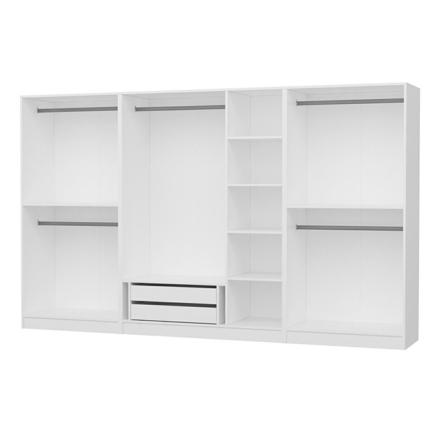 FUNZI LIVING 4931 bent garderobeskab, m. 5 bjlestnger, 2 skuffer, 6 hylder - hvid melamin