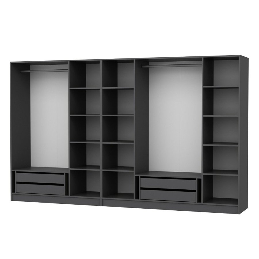 FUNZI LIVING 4942 bent garderobeskab, m. 2 bjlestnger, 4 skuffer, 12 hylder - antracitgr melamin