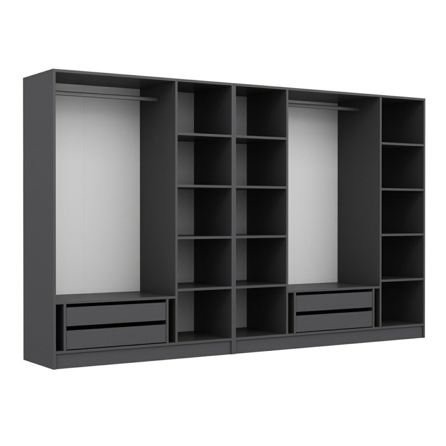 FUNZI LIVING 5046 bent garderobeskab, m. 2 bjlestnger, 4 skuffer, 12 hylder - antracitgr melamin
