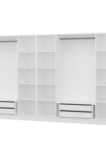 FUNZI LIVING 4932 bent garderobeskab, m. 2 bjlestnger, 4 skuffer, 12 hylder - hvid melamin