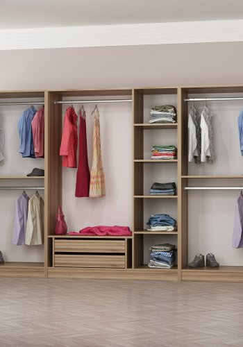 FUNZI LIVING 7542 bent garderobeskab, m. 5 bjlestnger, 2 skuffer, 6 hylder - natur melamin