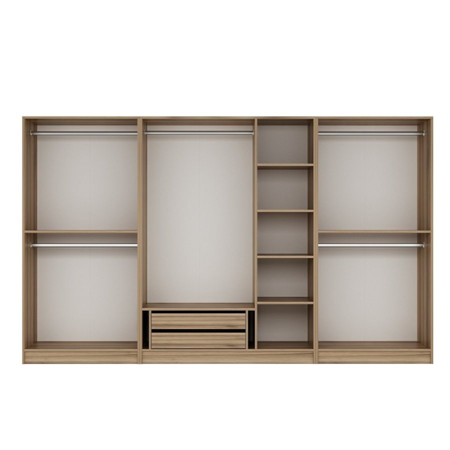 FUNZI LIVING 7542 bent garderobeskab, m. 5 bjlestnger, 2 skuffer, 6 hylder - natur melamin