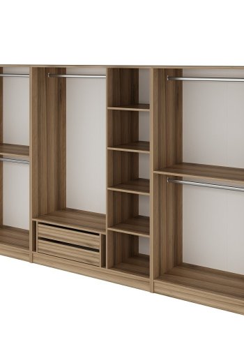 FUNZI LIVING 7542 bent garderobeskab, m. 5 bjlestnger, 2 skuffer, 6 hylder - natur melamin