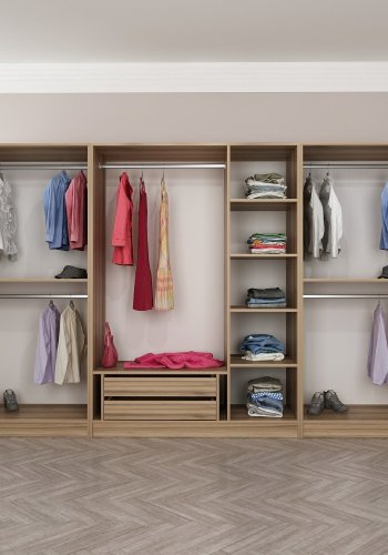 FUNZI LIVING 7672 bent garderobeskab, m. 5 bjlestnger, 2 skuffer, 6 hylder - natur melamin