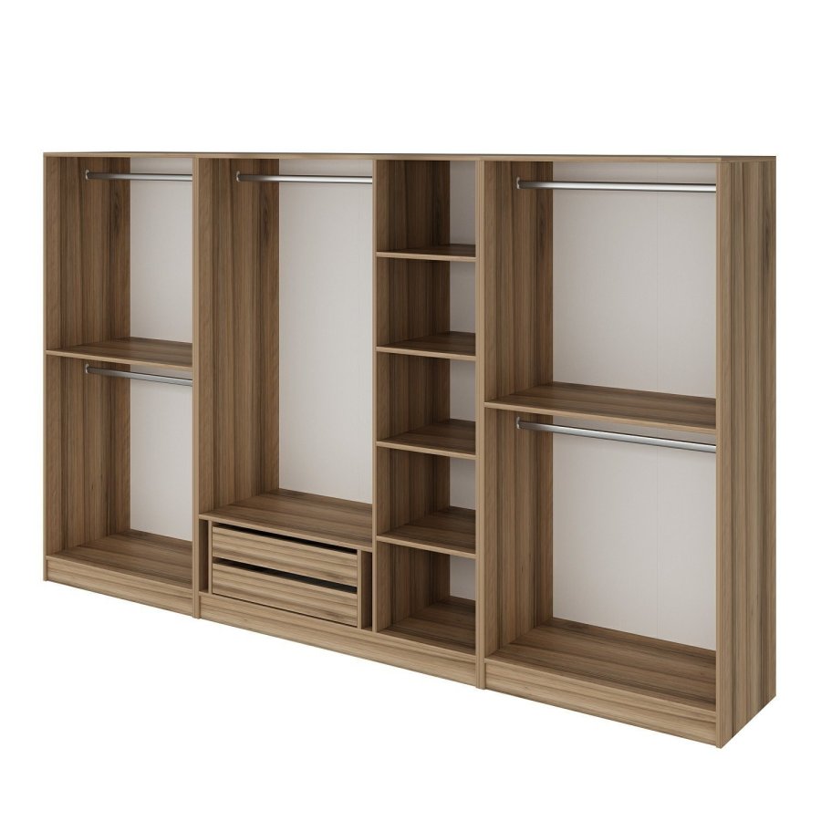 FUNZI LIVING 7672 bent garderobeskab, m. 5 bjlestnger, 2 skuffer, 6 hylder - natur melamin