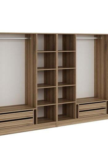 FUNZI LIVING 7543 bent garderobeskab, m. 2 bjlestnger, 4 skuffer, 12 hylder - natur melamin