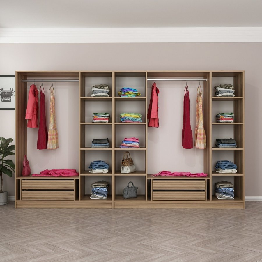 FUNZI LIVING 7673 bent garderobeskab, m. 4 bjlestnger, 4 skuffer, 9 hylder - natur melamin