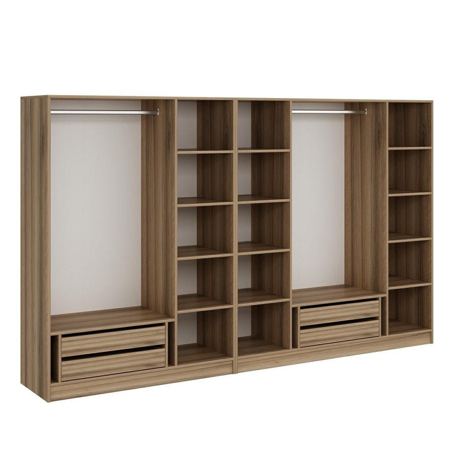 FUNZI LIVING 7673 bent garderobeskab, m. 4 bjlestnger, 4 skuffer, 9 hylder - natur melamin