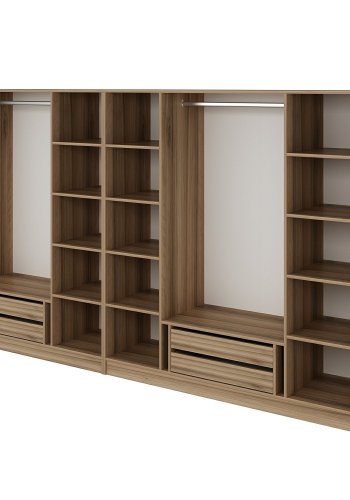 FUNZI LIVING 7673 bent garderobeskab, m. 4 bjlestnger, 4 skuffer, 9 hylder - natur melamin