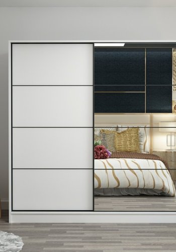 FUNZI LIVING 3157 garderobeskab, spejl, 2 skydelger, 2 bjlestnger, 2 skuffer - hvid melamin