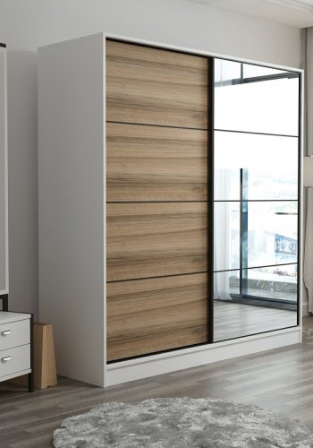 FUNZI LIVING 3966 garderobeskab, spejl, 2 skydelger, 2 bjlestnger, 2 skuffer - hvid/natur melamin