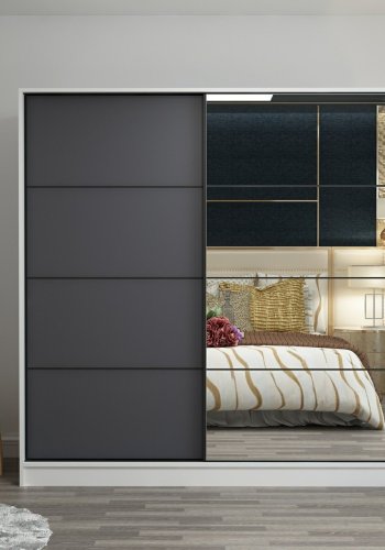 FUNZI LIVING 3967 garderobeskab, spejl, 2 skydelger, 2 bjlestnger, 2 skuffer - hvid melamin