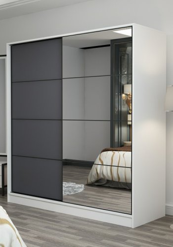 FUNZI LIVING 3967 garderobeskab, spejl, 2 skydelger, 2 bjlestnger, 2 skuffer - hvid melamin