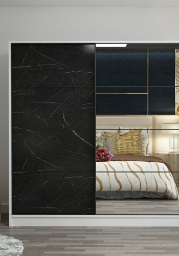 FUNZI LIVING 3164 garderobeskab, spejl, 2 skydelger, 2 bjlestnger, 2 skuffer - hvid/sort melamin