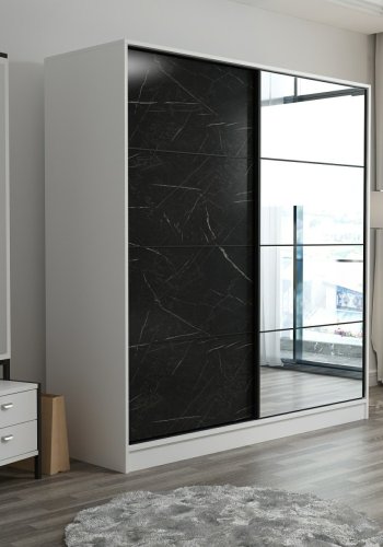 FUNZI LIVING 3164 garderobeskab, spejl, 2 skydelger, 2 bjlestnger, 2 skuffer - hvid/sort melamin