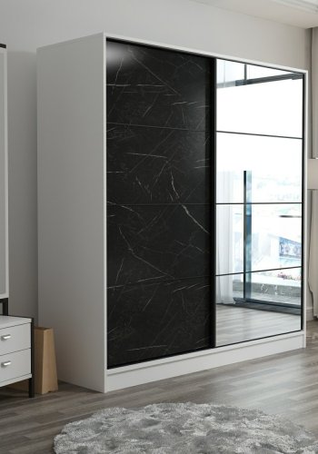 FUNZI LIVING 3968 garderobeskab, spejl, 2 skydelger, 2 bjlestnger, 2 skuffer - hvid/sort melamin