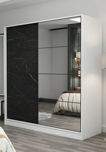 FUNZI LIVING 3968 garderobeskab, spejl, 2 skydelger, 2 bjlestnger, 2 skuffer - hvid/sort melamin