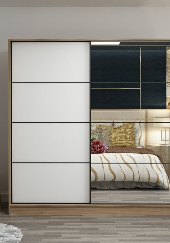 FUNZI LIVING 3169 garderobeskab, spejl, 2 skydelger, 2 bjlestnger, 2 skuffer - natur melamin