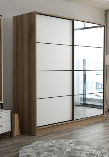 FUNZI LIVING 3169 garderobeskab, spejl, 2 skydelger, 2 bjlestnger, 2 skuffer - natur melamin