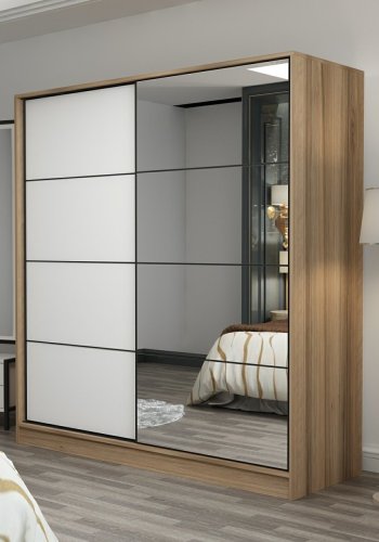 FUNZI LIVING 3973 garderobeskab, spejl, 2 skydelger, 2 bjlestnger, 2 skuffer - natur melamin