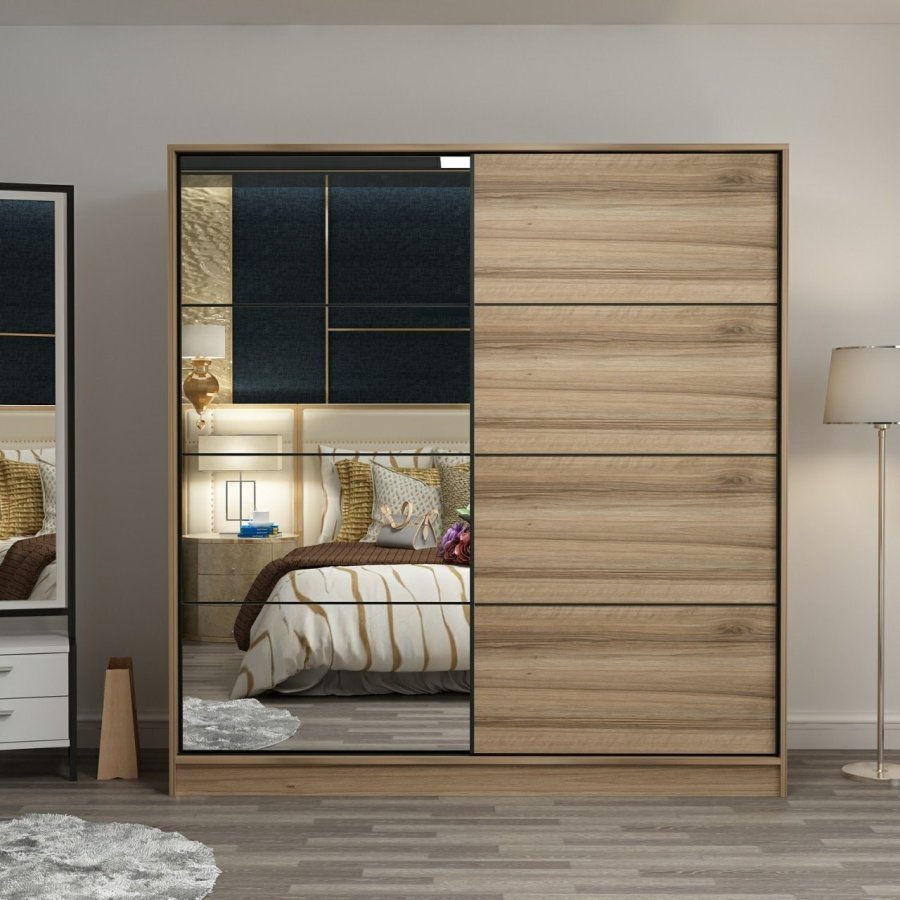 FUNZI LIVING 3174 garderobeskab, spejl, 2 skydelger, 2 bjlestnger, 2 skuffer - natur melamin