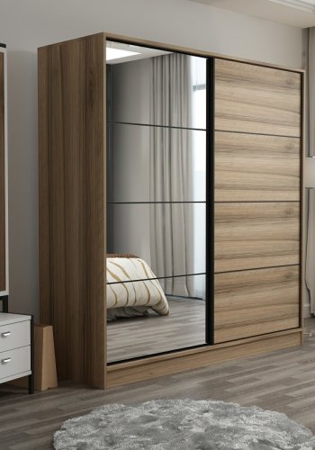 FUNZI LIVING 3978 garderobeskab, spejl, 2 skydelger, 2 bjlestnger, 2 skuffer - natur melamin