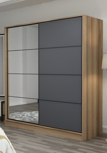 FUNZI LIVING 3175 garderobeskab, spejl, 2 skydelger, 2 bjlestnger, 2 skuffer - natur melamin