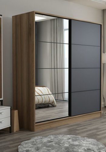 FUNZI LIVING 3979 garderobeskab, spejl, 2 skydelger, 2 bjlestnger, 2 skuffer - natur melamin