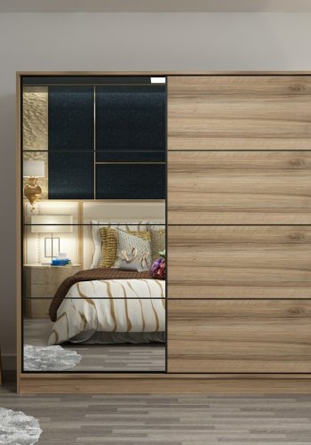 FUNZI LIVING 7166 garderobeskab, spejl, 2 skydelger, 2 bjlestnger, 2 skuffer - natur melamin