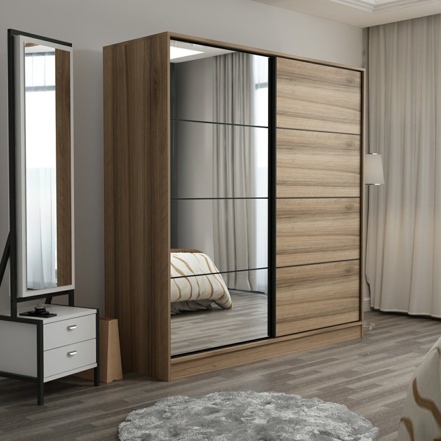 FUNZI LIVING 7166 garderobeskab, spejl, 2 skydelger, 2 bjlestnger, 2 skuffer - natur melamin