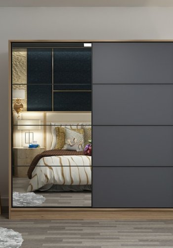 FUNZI LIVING 7167 garderobeskab, spejl, 2 skydelger, 2 bjlestnger, 2 skuffer - natur melamin