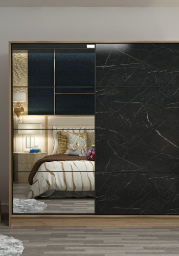 FUNZI LIVING 7168 garderobeskab, spejl, 2 skydelger, 2 bjlestnger, 2 skuffer - natur melamin