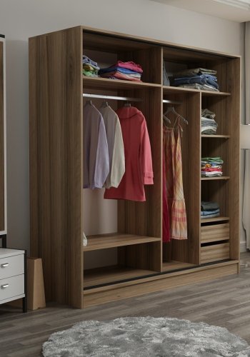 FUNZI LIVING 7168 garderobeskab, spejl, 2 skydelger, 2 bjlestnger, 2 skuffer - natur melamin