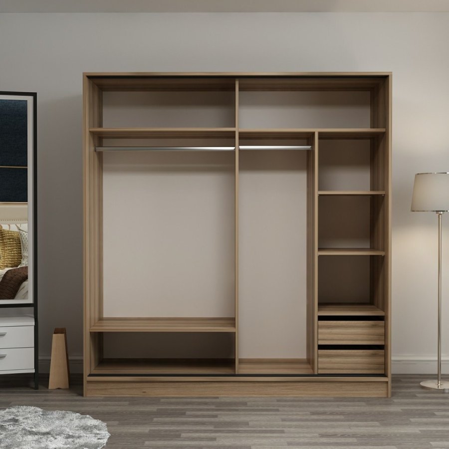 FUNZI LIVING 7168 garderobeskab, spejl, 2 skydelger, 2 bjlestnger, 2 skuffer - natur melamin